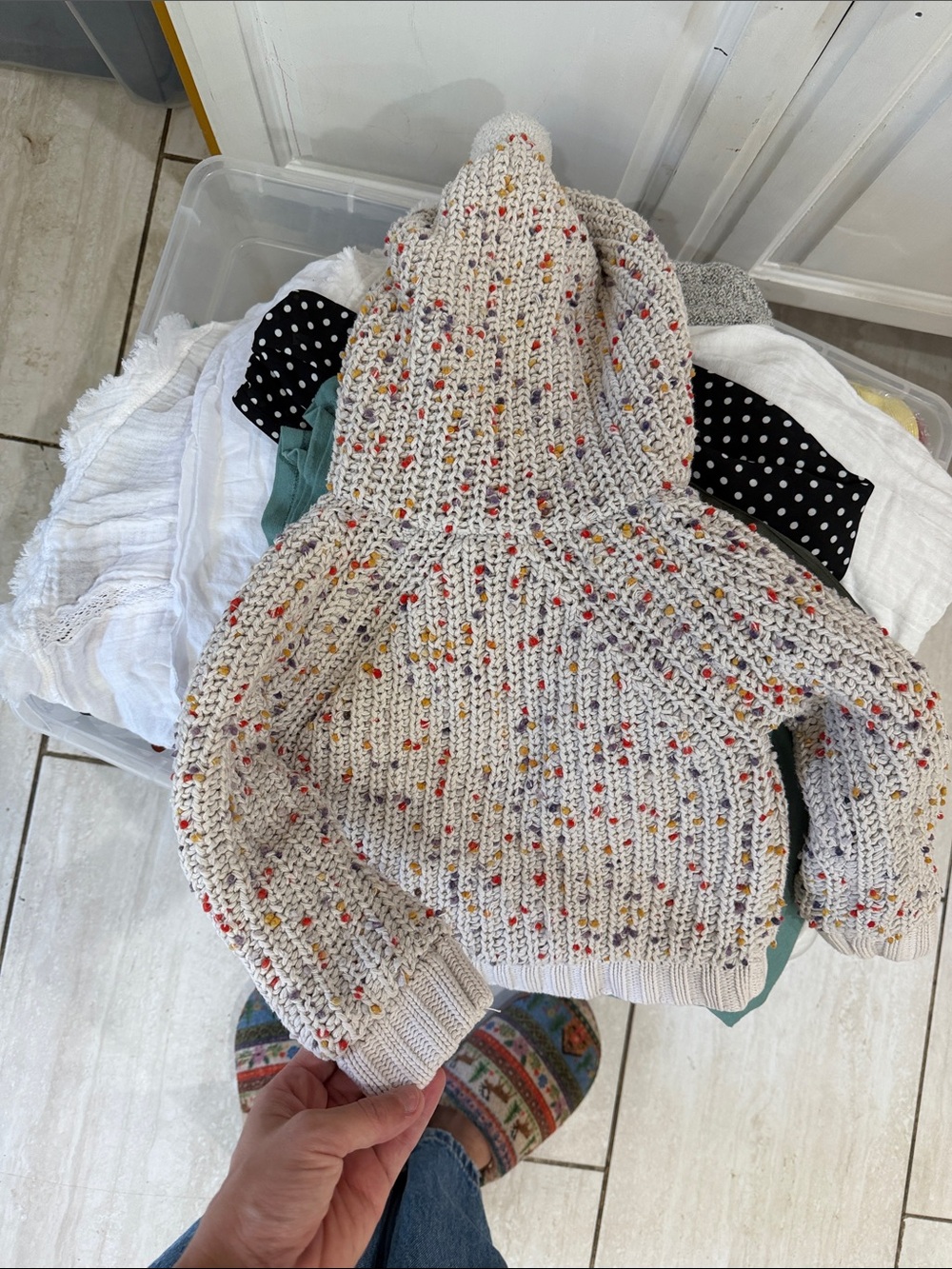 Hanna Andersson Polka Dot Beige Colorful Pom Pom Zip Up Hoodie - Picture 6 of 6